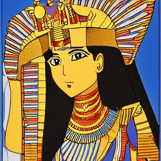 Prompt: Anime of an Egyptian Queen in harem outfit wearing gold jewelry with hypnotic spiral eyes