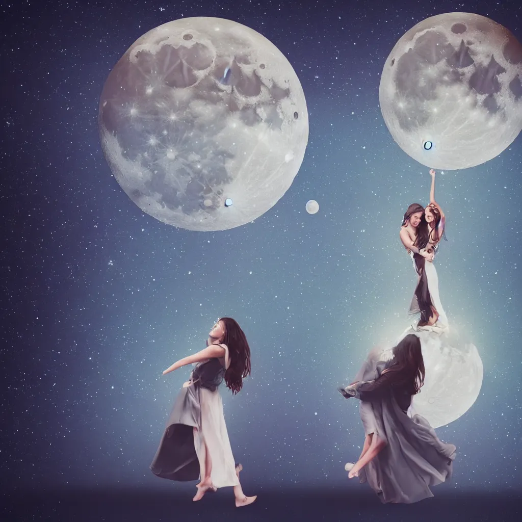 Image similar to girl hugs the moon, dress, realistic, night, light