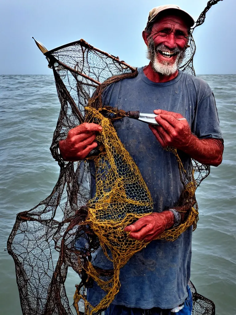 Prompt: an imperfect journalistic portrait of a fisherman, after he has caught a fractal cluster of chimeric biomechanical humans in his net. he grins proudly, baring his gargantuan razor sharp teeth like blades of a professional food processor