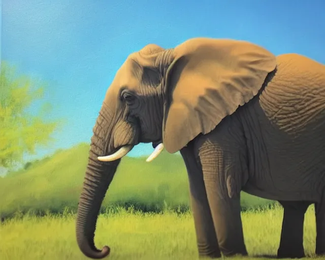 Prompt: an elephant painting a beautiful picture of an elephant while standing outside in a park on a sunny day, octane, shot on an iphone,