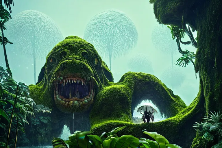 Image similar to a giant creature in a lush trunda vegetation, snow snow, tropical flowers : : by michal karcz, daniel merriam, victo ngai and guillermo del toro : : ornate, dynamic, particulate, intricate, elegant, highly detailed, centered, artstation, smooth, sharp focus, octane render, 3 d