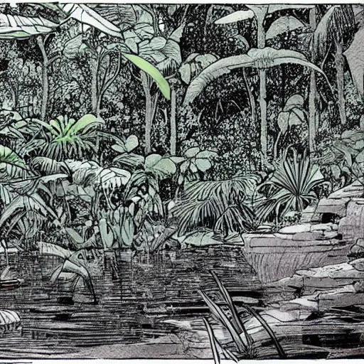 Prompt: a pond in a lush jungle, drawing by moebius