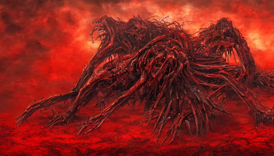 Prompt: landscape artwork of two demons hugging each other emerging from corpses in a red hellscape by Yoshitaka Amano, by HR Giger, full body wide shot, biomechanical, 4k, hyper detailed, hyperrealism, anime, red sky, blood and body parts, deviantart, artstation