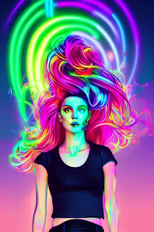 Image similar to a award winning half body portrait of a beautiful woman with stunning eyes in a croptop and cargo pants with rainbow colored ombre hairstyle head in motion and hair flying by thomas danthony, surrounded by whirling illuminated neon lines, outrun, vaporware, shaded flat illustration, digital art, trending on artstation, highly detailed, fine detail, intricate