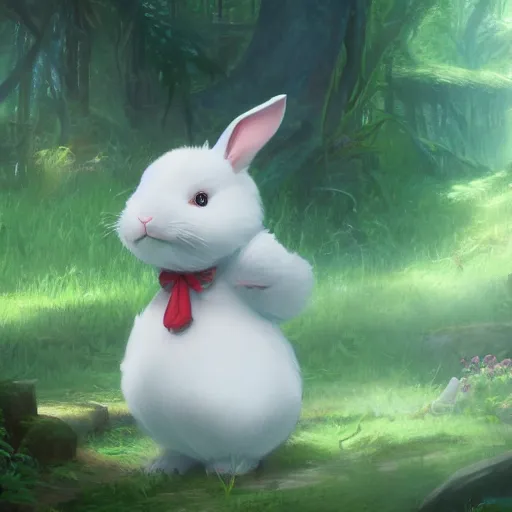 Image similar to concept art painting of a chubby white rabbit wearing a turquoise dress, in the deep forest, realistic, detailed, cel shaded, in the style of makoto shinkai and greg rutkowski and james gurney