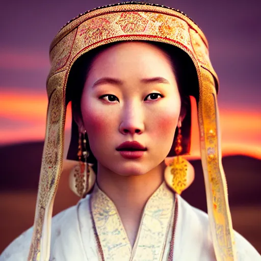 Image similar to photographic portrait of a stunningly beautiful renaissance mongol female in traditional dress in soft dreamy light at sunset, contemporary fashion shoot, by edward robert hughes, annie leibovitz and steve mccurry, david lazar, jimmy nelsson, breathtaking, 8 k resolution, extremely detailed, beautiful, establishing shot, artistic, hyperrealistic, beautiful face, octane render