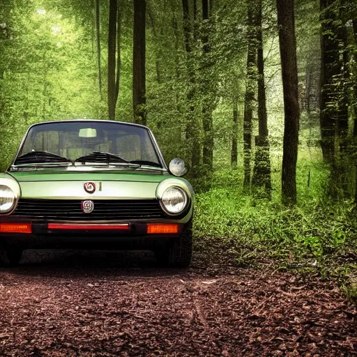 Prompt: fiat 1 2 4 in the dark forest, night, headlights are on, professional photography