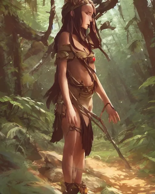 Image similar to a caucasian tribeswoman standing in the woods. By Makoto Shinkai, Stanley Artgerm Lau, WLOP, Rossdraws, James Jean, Andrei Riabovitchev, Marc Simonetti, krenz cushart, Sakimichan, D&D trending on ArtStation, digital art.