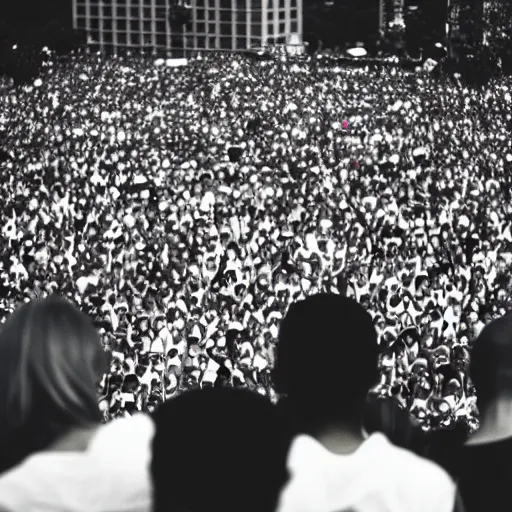 Prompt: kodak portra 4 0 0 photograph of a skinny blonde guy standing in crowd of black and white people, back view, flower crown, moody lighting, telephoto, 9 0 s vibe, blurry background, vaporwave colors, faded!,