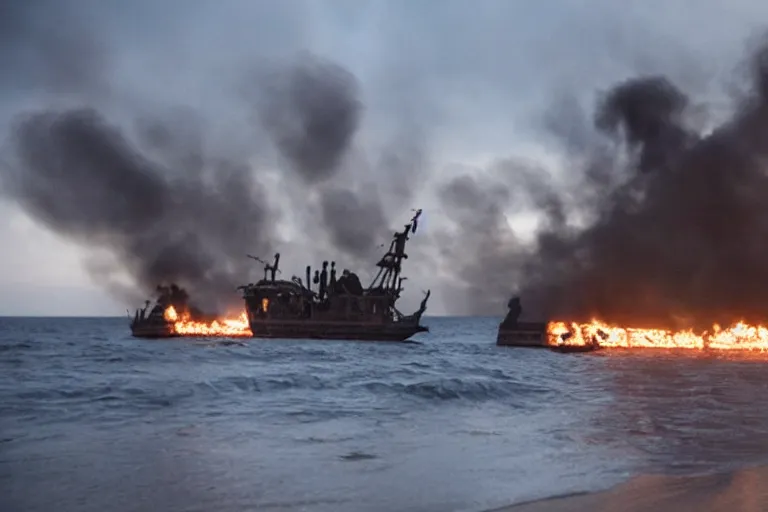 Image similar to portrait pirate crew running down beach as pirate ship fires canons, sand explosion 8 5 mm by emmanuel lubezki