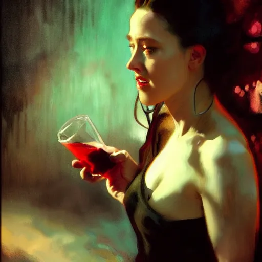 Image similar to hyperrealistic portrait of a woman as amber heard drinking wine in hell noir by jeremy mann and alphonse mucha, fantasy art, photo realistic, dynamic lighting, artstation, poster, volumetric lighting, very detailed faces, 4 k, award winning