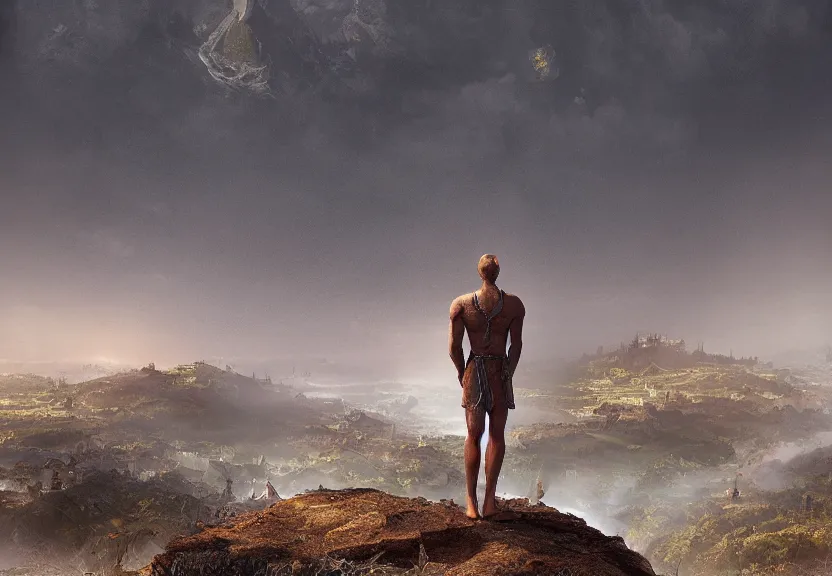 Image similar to “king, looking over his civilization from the top of the hill, digital art, award winning, 4k”