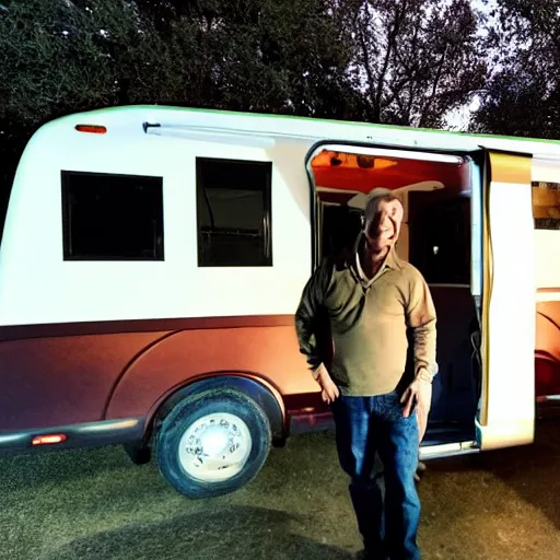 Prompt: a man standing in front of a winnebago, bright head lights