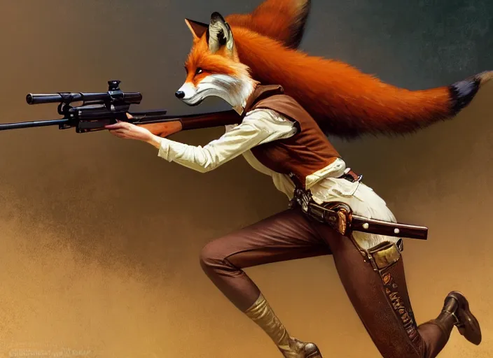 Prompt: a beautiful, dynamic illustration of an anthropomorphic fox woman bounty hunter running and gunning with a winchester rifle, wild west theme, motion blur, action illustration by stanley artgerm, greg rutkowski, alphonse mucha, norman rockwell, 8 k,