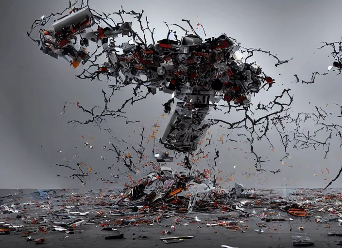 Prompt: thousands of robots falling into tornado fx arstation hyperrealistic art