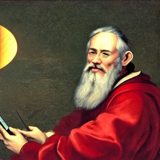Image similar to galileo galilei taking a picture of jupiter using his smartphone
