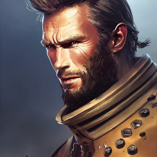 Prompt: rugged male knight, young clint eastwood, headshot, D&D, painted fantasy character portrait, highly detailed, digital painting, artstation, concept art, sharp focus, illustration, art by artgerm and greg rutkowski and alphonse mucha