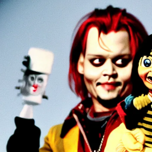 Image similar to Johnny Depp holding Chucky the killer doll