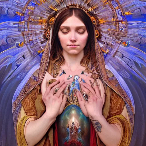 Prompt: Virgin Mary, facial tattoos, artists portrait, biomechanical, heaven, fantasy, highly detailed, digital painting, concept art, sharp focus, depth of field blur, illustration, art by artgerm and greg rutkowski and alphonse mucha