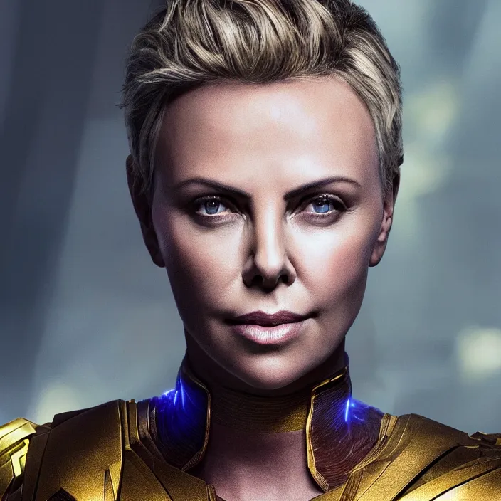 Prompt: portrait of ((Charlize Theron)), wearing The Infinity Gauntlet. SNAP. intricate artwork. octane render, trending on artstation, very coherent symmetrical artwork. thanos. avengers. marvel. cinematic, hyper realism, high detail, octane render, 8k, iridescent accents