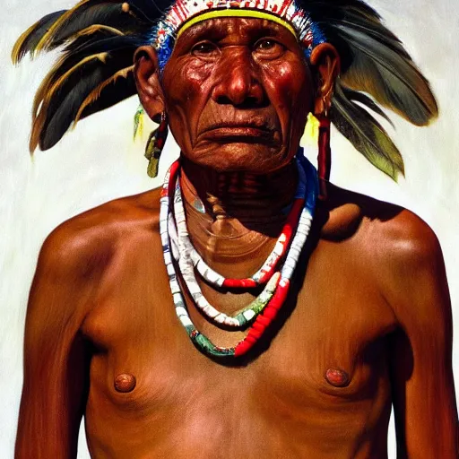 Prompt: high quality high detail painting by lucian freud, hd, full body of a indigenous tribe leader, photorealistic lighting