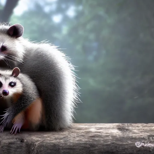 Image similar to an opossum and an american raccoon hugging, cute photograph, 4k wallpaper, unreal engine, artstation