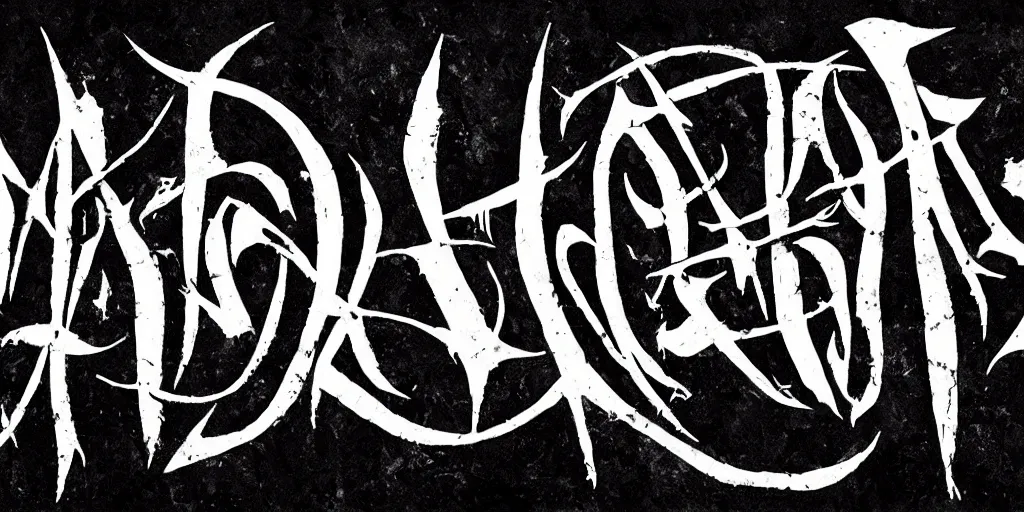 Image similar to masterpiece, black death metal logo calligraphy by thomas bokler, behance, white letters on black background