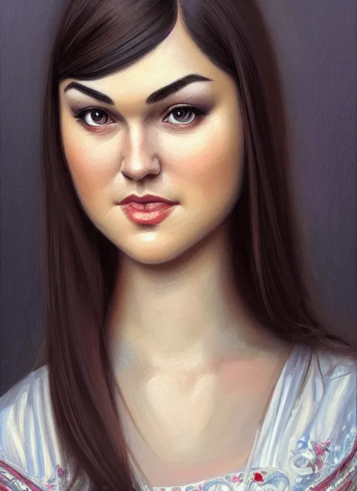 Prompt: beautiful sasha grey feminine face in ukrainian national clothes! portrait of young woman blessed by god with ever - increasing physical and mental perfection, beautiful hair, symmetrical! intricate, elegant, highly detailed, vision of holy perfection!! smile, digital painting, artstation, concept art, smooth, sharp focus, illustration, art by artgerm and greg rutkowski and alphonse mucha