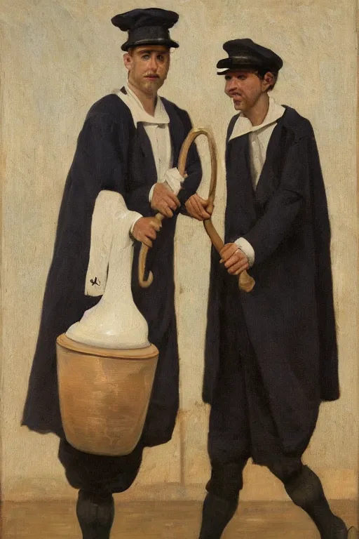 Prompt: a hyperrealistic portrait of two milkmen carrying a milky pharoh sceptre , 8k