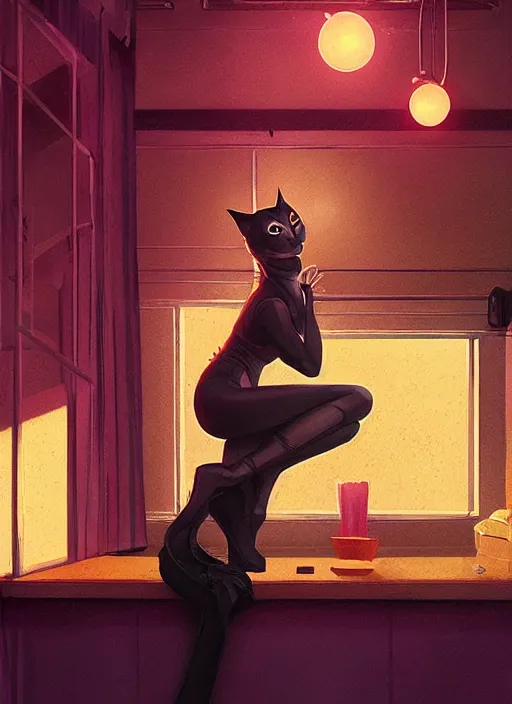 Prompt: catwoman, in a classic 8 0 s diner, atmospheric, intricate, glowing lights, volumetric light, highly detailed, digital painting, illustration, art by atey ghailan