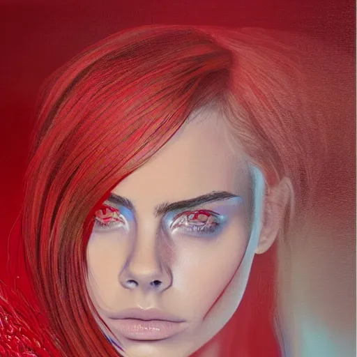 Prompt: British model ‘Cara Delevigne’ with beautiful face and full body laying in a blood red pool of water between a bright golden glowing mirror frame, outside is space and inside the mirror frame is a beautiful landscape. You can see her reflection in the red pool of water. Hyperrealistic surreal 4K IMAX Rene Margritte intricate, elegant, highly detailed, digital painting, artstation, concept art, smooth, sharp focus, illustration, art by artgerm, Francis bacon, HR Giger and greg rutkowski and alphonse mucha fashion photography Terry Richardson