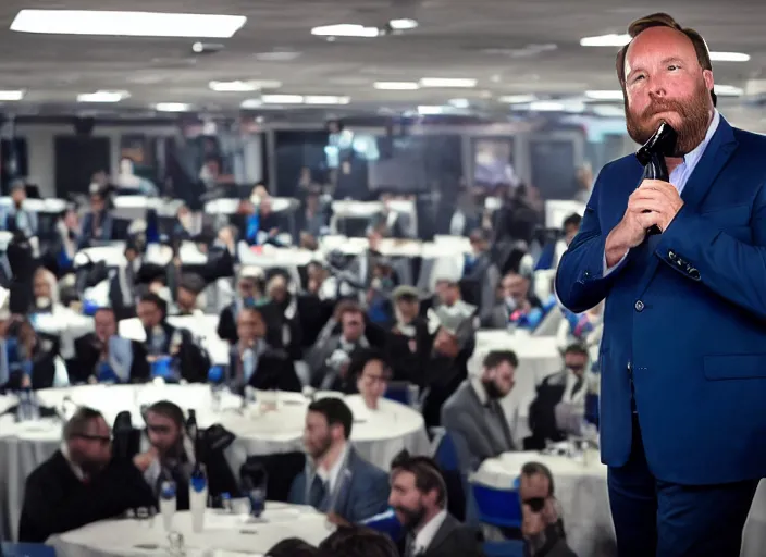 Prompt: dslr photo still of infowars host alex jones in a blue suit fat beard and mustache sitting depressed in a room filled to the ceiling with cell phones stacks of cell phones cell phones everywhere cell phones filling the entire room, 5 2 mm f 5. 6