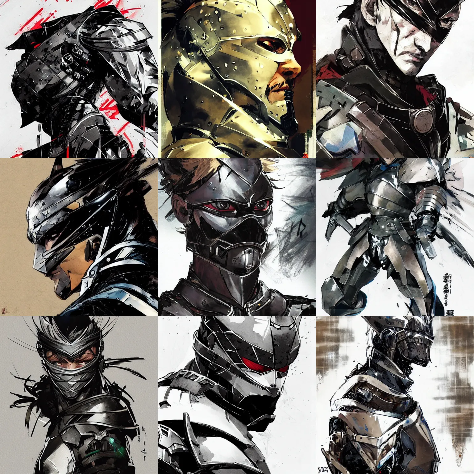 Prompt: a beautiful side portrait of a ninja medieval knight. his armor flashes. art by yoji shinkawa and sandra chevrier, trending on artstation, award - winning, perfect composition.