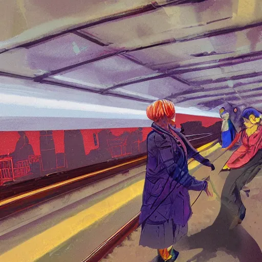 Image similar to fight between grandmas in the train moscow-ryazan, cyberpunk, neon, concept art