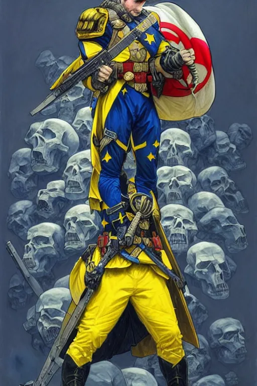 Image similar to A super soldier with Сoat of arms of Ukraine on his chest and blue and yellow flag in his hands is standing on a pile of skulls, D&D, dark fantasy, intricate, elegant, highly detailed, digital painting, artstation, concept art, smooth, sharp focus, illustration, art by artgerm and greg rutkowski and alphonse mucha