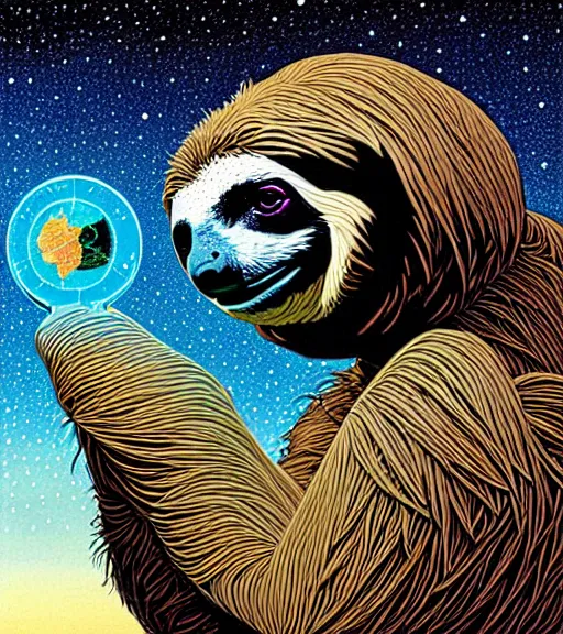 Image similar to a sloth contemplating space and time by dan mumford and norman rockwell and mœbius, hyperrealism, highly detailed, intricate details