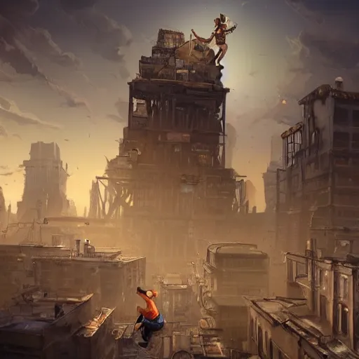 Image similar to Thief running and jumping on the rooftops of a bustling steampunk city in the desert with a towering building made of scraps seen in the distance, digital painting, highly detailed, dynamic, concept art, game art, artstation