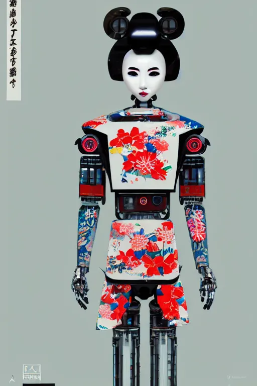 Image similar to full body portrait of a Japanese robot geisha with kanji tattoos and decals wearing a digital pixelated kimono, intricate design, photorealistic, octane render, raytraced, ultra fine detailed, character design, trending on artstation