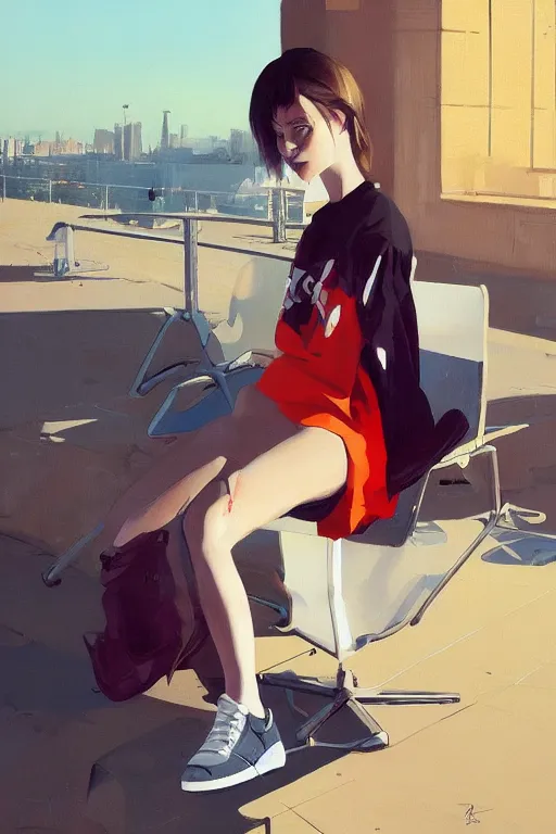 Image similar to A ultradetailed beautiful panting of a stylish woman looking at the camera, she is wearing streetwear, she is sitting on a chair, bright sunny day, Oil painting, by Ilya Kuvshinov, Greg Rutkowski and Makoto Shinkai