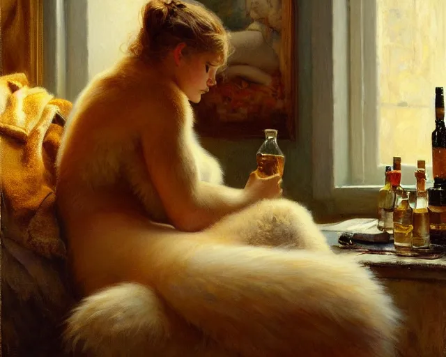 Image similar to an exhausted polar bear girl in her studio with a bottle of whisky. furry body. highly detailed painting by gaston bussiere, craig mullins, j. c. leyendecker 8 k