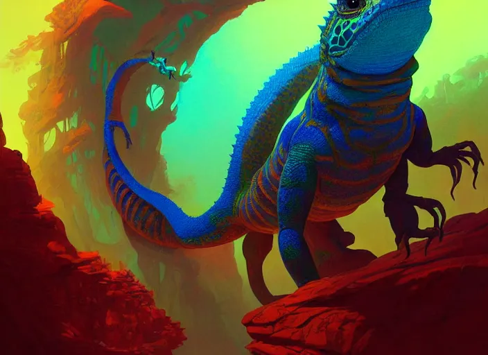 Prompt: A psychedelic portrait of shadar-kai shadow dancer giant subterranean lizard , vibrant color scheme, highly detailed, in the style of romanticism, cinematic, artstation, Moebius, Greg rutkowski