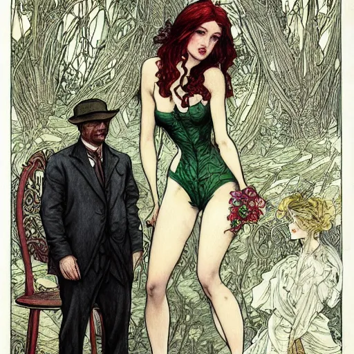 Image similar to a beautiful painting of poison ivy as a lawyer dressed in a three piece suit arguing a case in a court, dark eyeliner, intricate, elegant, highly detailed, digital painting, artstation, concept art, matte, sharp focus, illustration, art by rebecca guay and by arthur rackham and by alphonse mucha and by john william waterhouse