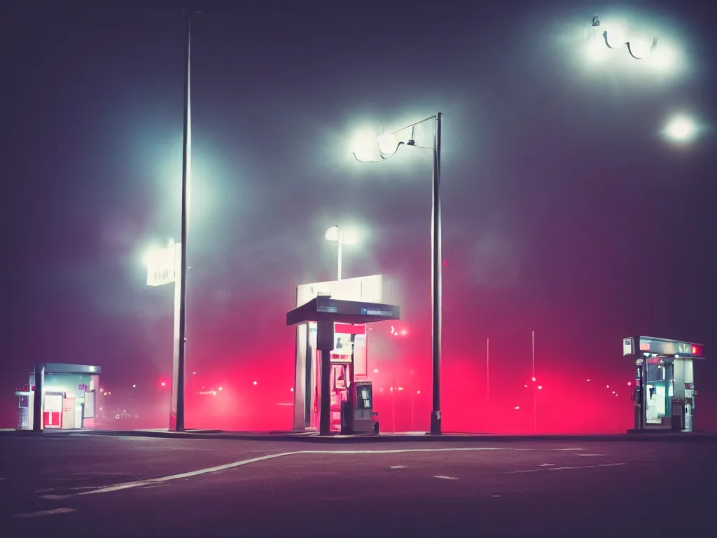 Image similar to “photography of gas station , fog, blue and red lights, night, mood, atmospheric, full of colour, digital photography”