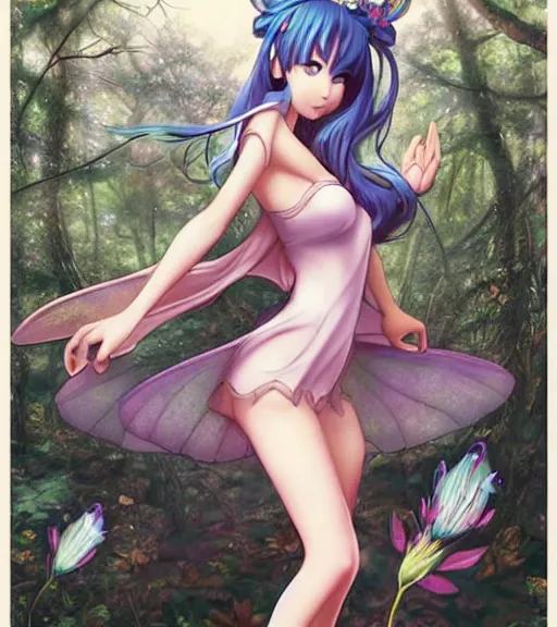 Prompt: Anime art of beautiful fairy in a forest on a mushroom, miku with beautifel legs by artgerm, makoto sinkai, magali villeneuve, Gil Elvgren, Earl Moran,Enoch Bolles, symmetrical,