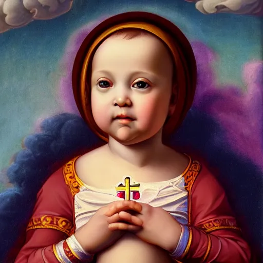 Image similar to Renaissance portrait of a holy catholic baby, trending on art station, 4k UHD, 8k, painting illustration, realistic volumetric lighting, rendered in unreal engine, high detail, photorealistic, Lisa frank