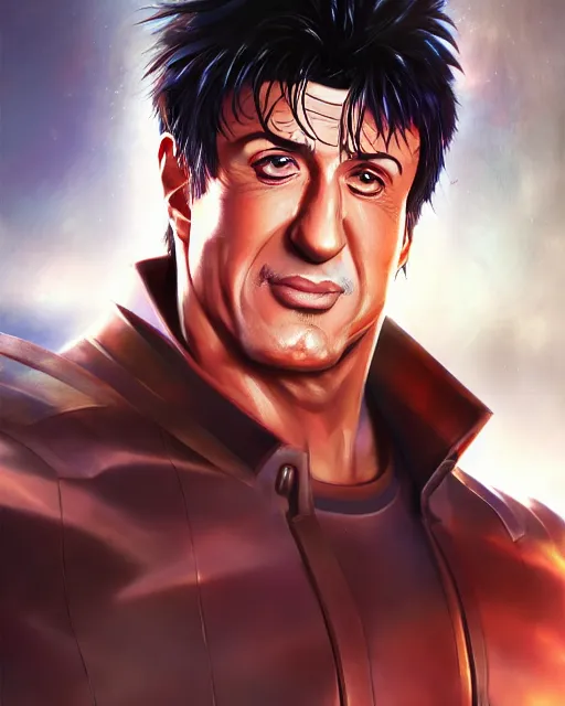 Image similar to anime portrait of Sylvester Stallone as an anime man by Stanley Artgerm Lau, WLOP, Rossdraws, James Jean, Andrei Riabovitchev, Marc Simonetti, and Sakimichan, trending on artstation