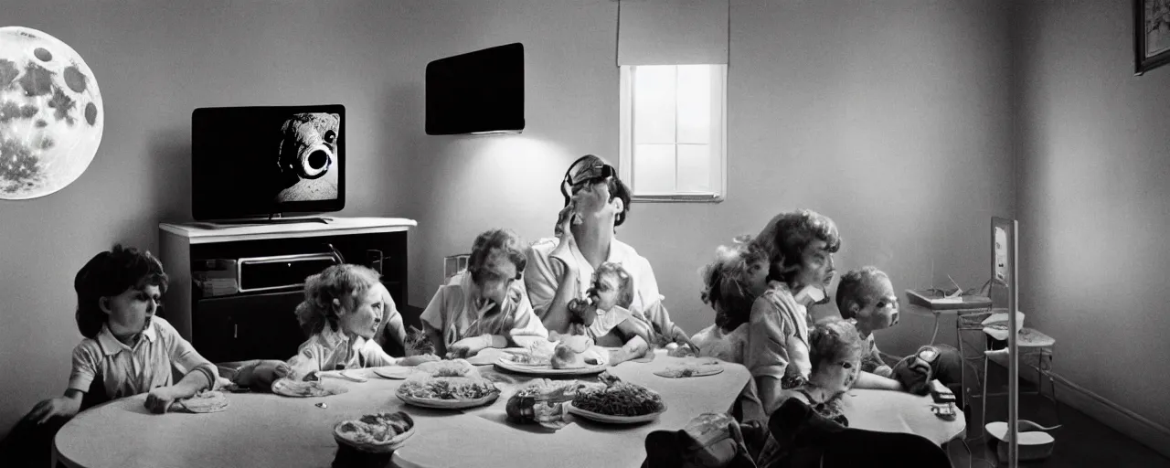 Prompt: a tv showing the moon landing while a family eats spaghetti, in the style of diane arbus, canon 5 0 mm, wes anderson film, kodachrome, retro