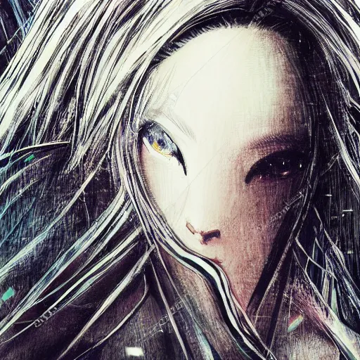 Prompt: yoshitaka amano blurred and dreamy realistic illustration of a japanese young woman with black eyes, wavy white hair fluttering in the wind wearing elden ring armor with engraving, abstract patterns in the background, satoshi kon anime, noisy film grain effect, highly detailed, weird portrait angle, blurred lost edges, three quarter view