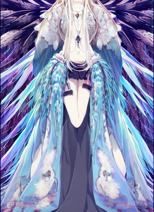 Prompt: full body portrait goddess of the owls in feathered robe, humanoid, forest ritual, throne, concept art, Kyoto animation,last exile, blue submarine no. 6,loish, murata range, kawaii, yoshitaka amano, studio lighting, manga, bright colors, beautiful, 28mm lens, vibrant high contrast, gradation, jean giraud, fantasy, rule of thirds, fibonacci, intricate, detailed, flat, matte print, sharp, Aoi Ogata, Ilya Kuvshinov, soft eyes