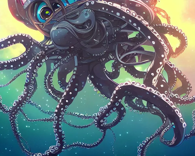 Image similar to beautiful picture of a robot octopus, mining an asteroid, anime style, art by Hajime Katoki, trending on artstation